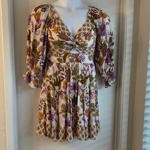 Angie Women's Boho Floral Smocked Square Neckline Longsleeve Dress Size M